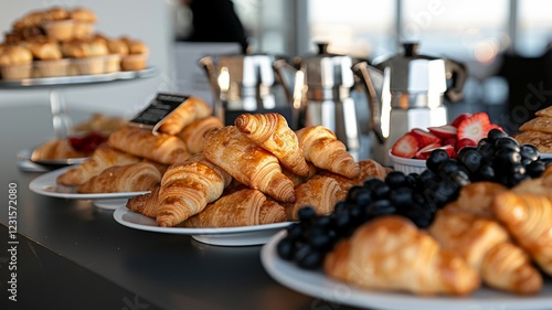 Breakfast Buffet: A spread of croissants, scrambled eggs, fruit platters, and coffee urns. Catering. Hotel. Morning.