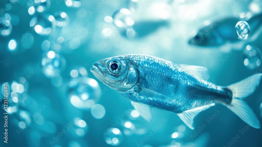 Naklejka premium A school of fish swims in the ocean, with one fish in the foreground and two others in the background.