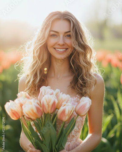 Smiling woman holding tulips in sunlight