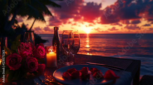 A romantic dinner setting at sunset, featuring flowers, candles, and ocean view. photo