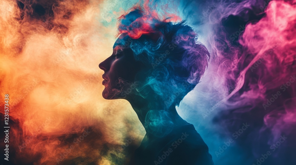 Silhouette of a woman surrounded by swirling colorful smoke, creating a dreamlike and artistic atmosphere. Silhouette of a woman surrounded by swirling colorful smoke, creating a dreamlike and artistic atmosphere.