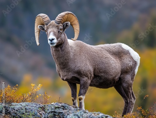 Majestic Bighorn Sheep Ram standing on Rocky Outcrop with Autumn Background photo