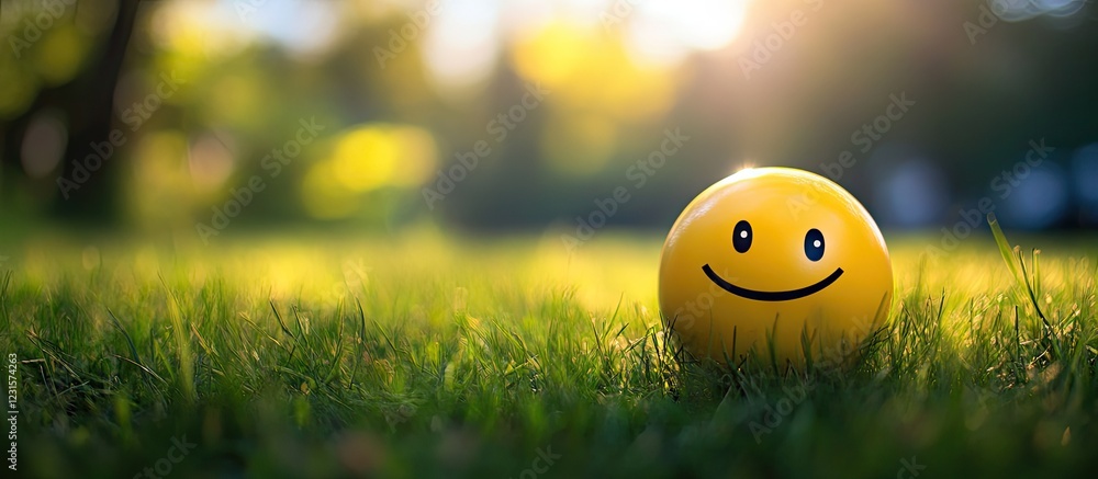 Bright yellow smiley ball on green grass under warm sunlight creating a cheerful ambiance with a blurred background conveying joy and happiness