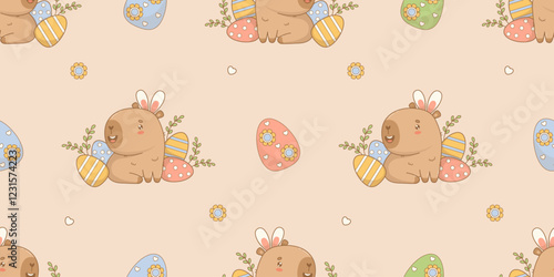 Easter Seamless pattern. Cute funny paschal Capybara with decorative Eggs on light beige background. Horizontal Holiday cartoon kawaii character animal backdrop. Vector illustration. Kids collection