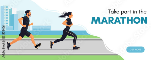 Marathon banner template. People are running against the background of the city. Vector illustration.