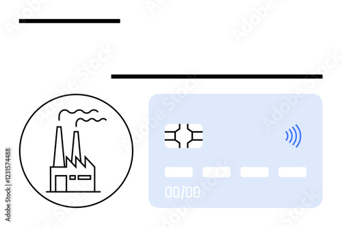 Factory emitting smoke near a contactless payment card. Ideal for finance, industry innovation, digital payments, eco-sustainability, commerce, manufacturing, and future economy. Abstract line flat