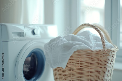 Laundry basket near washing machine, bright room. Home cleaning photo