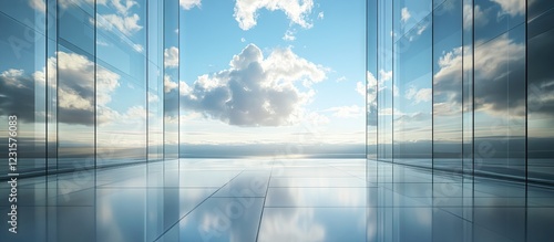 Modern glass interior with bright blue sky and fluffy clouds reflecting on floor, showcasing a serene and open atmosphere with clear horizon.