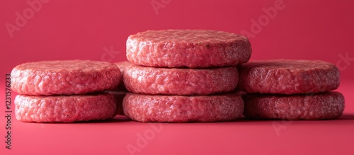 Raw beef burger patties stacked on a vibrant red backdrop showcasing their fresh texture and color with a focus on delicious culinary preparation. photo