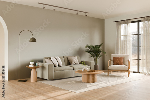 Modern Living Room with Cozy Furniture and Plants. 3d render.