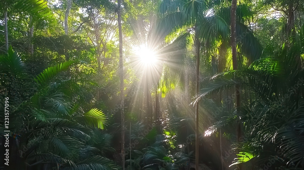 Obraz premium Sunbeams Illuminate Lush Tropical Rainforest Canopy