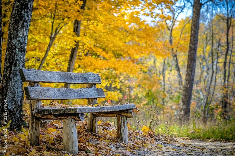 Rustic Wooden Bench Autumn Fall Leaves Park Pathway Rustic Wooden Bench Autumn Fall Leaves Park Pathway