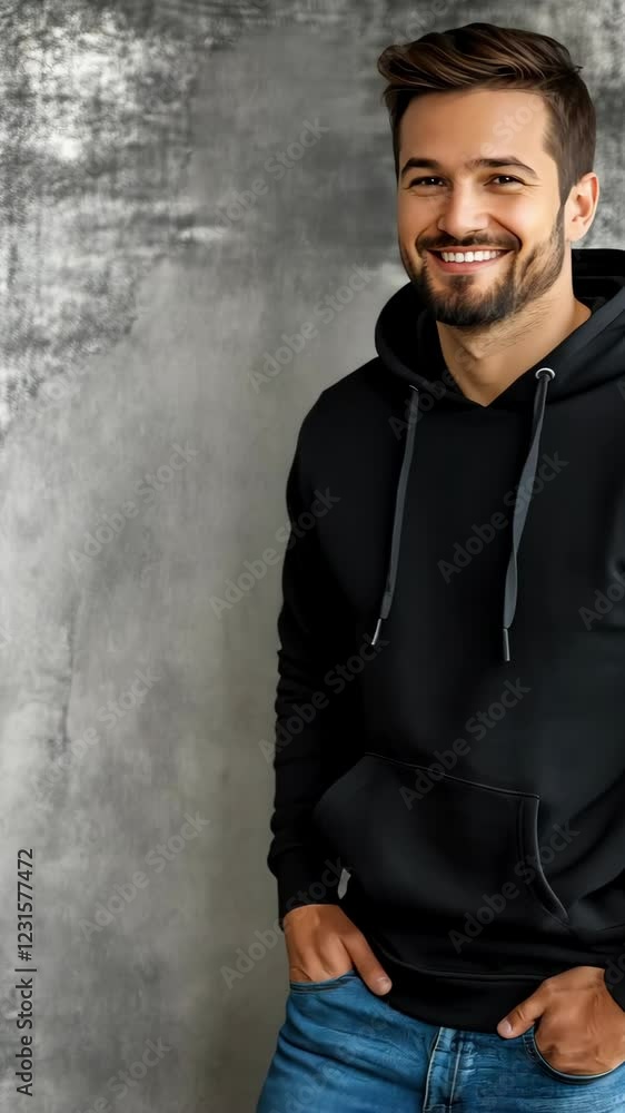 Man in black hoodie smiles casually against a textured gray background during indoor portrait session Man in black hoodie smiles casually against a textured gray background during indoor portrait session