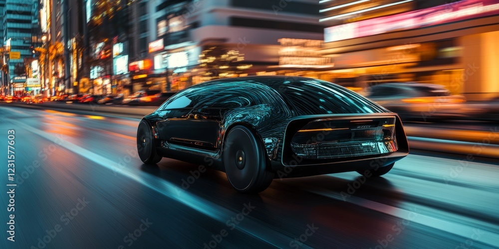 Fototapeta premium A futuristic car is driving down a street. The car is black and has a shiny, metallic appearance