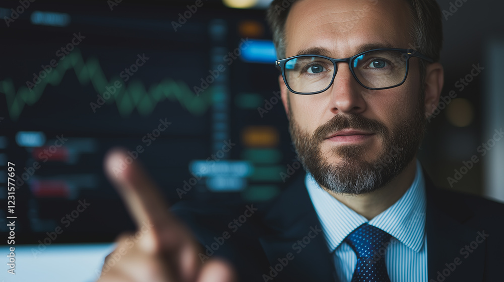 The Data Whisperer: A confident businessman with a determined expression, wearing glasses and a suit, points his finger at a financial chart displayed on a monitor in the background. The Data Whisperer: A confident businessman with a determined expression, wearing glasses and a suit, points his finger at a financial chart displayed on a monitor in the background.