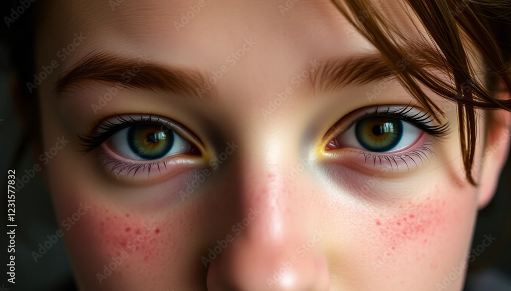 Fototapeta premium a close-up of a person’s face with freckles and a thoughtful expression
