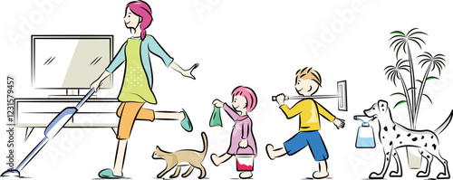 掃除機をかける主婦とお手伝いをする男の子と女の子、猫と犬｜家族シリーズ