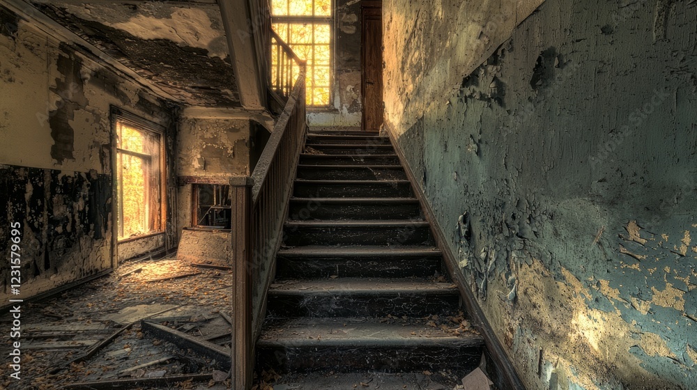 Fototapeta premium Decaying Grandeur: A Sunlit Staircase in a Ruined Mansion