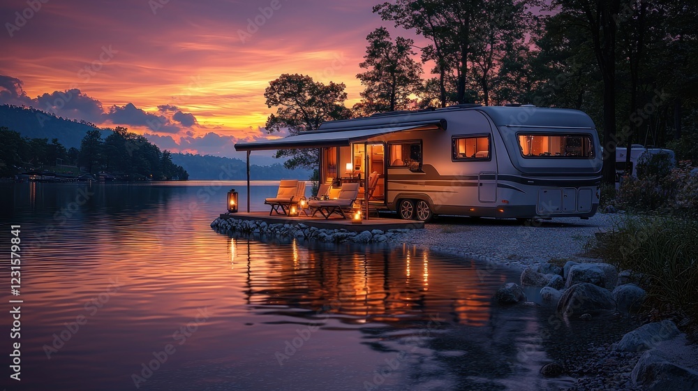 RV at lakeside sunset, lights on. Trees, mountains in distance. Leisure, travel RV at lakeside sunset, lights on. Trees, mountains in distance. Leisure, travel
