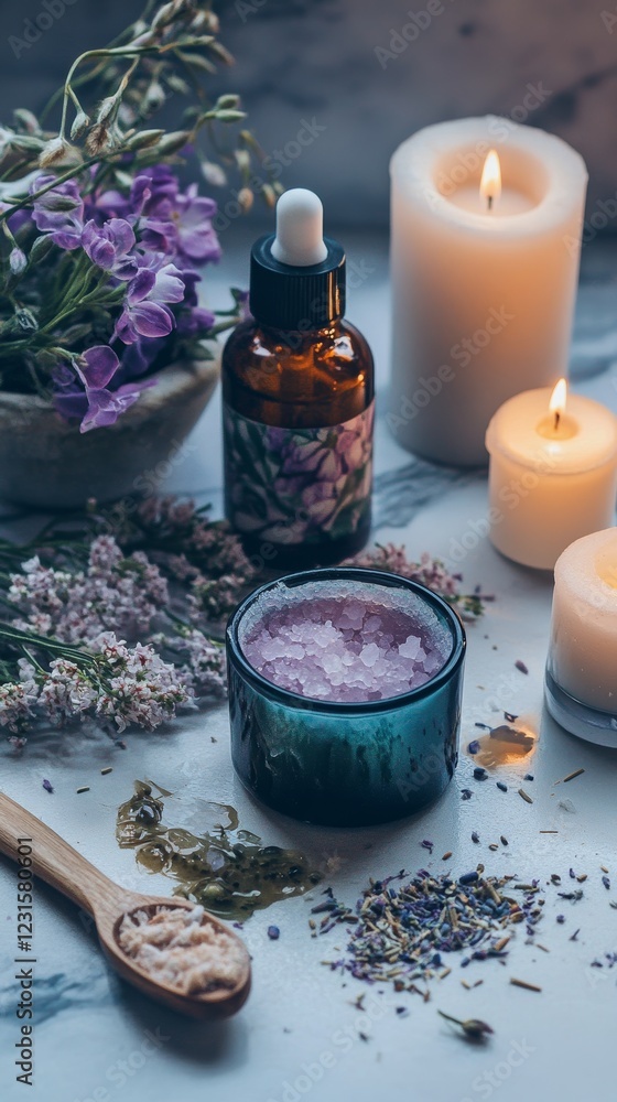 A table with candles, a bottle of perfume, and a cup of salt. The candles are lit, and the table is covered with flowers and herbs. Scene is calm and relaxing, as the candles A table with candles, a bottle of perfume, and a cup of salt. The candles are lit, and the table is covered with flowers and herbs. Scene is calm and relaxing, as the candles