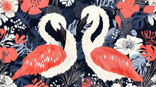 Two Elegant Flamingos Entwined Amidst a Vibrant Floral Tapestry