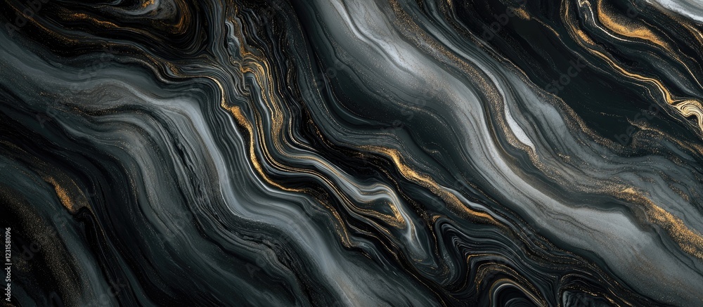 Fototapeta premium Abstract swirling black and gold marble texture flowing in soft waves with deep shadows and highlights creating a modern artistic background.