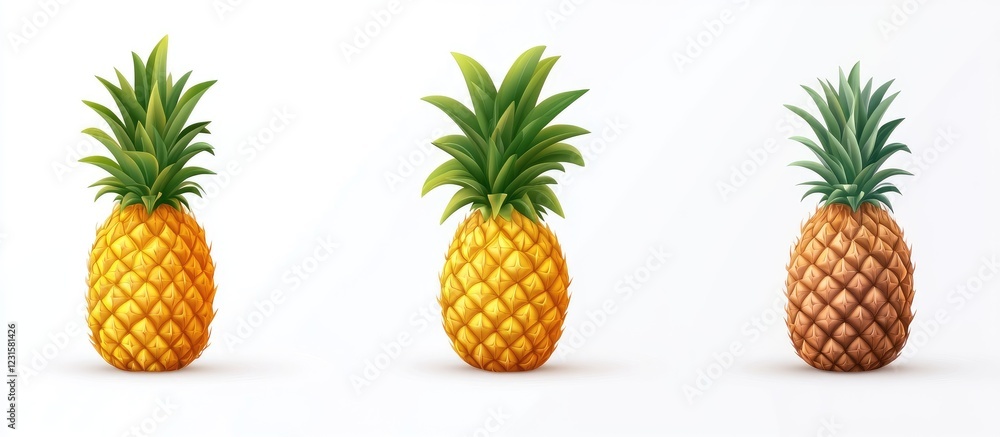 Vibrant ripe pineapples with lush green tops arranged in a row against a clean white background emphasizing freshness and visual appeal Vibrant ripe pineapples with lush green tops arranged in a row against a clean white background emphasizing freshness and visual appeal