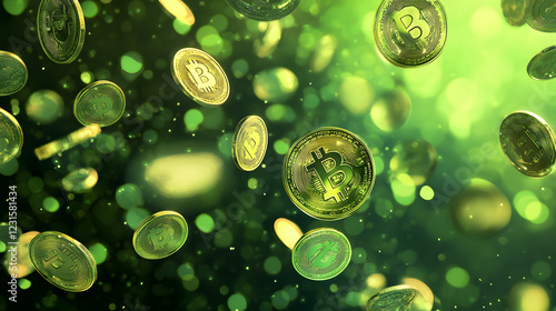 Bright green bubbles float in an abstract, water-like backdrop bitcoin