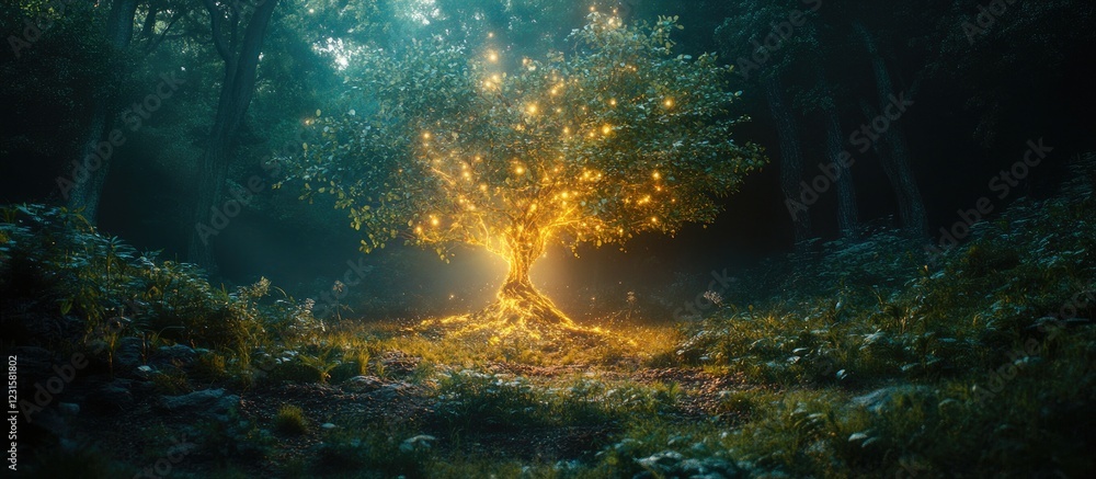 Obraz premium Enchanting illuminated tree in a mystical forest surrounded by glowing foliage and a dark background creating a serene atmosphere.