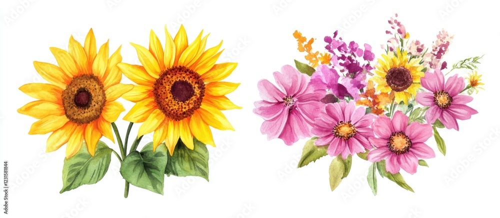 Vibrant yellow sunflowers on the left and a colorful pink flower bouquet on the right with green leaves, ideal for summer-themed designs. Vibrant yellow sunflowers on the left and a colorful pink flower bouquet on the right with green leaves, ideal for summer-themed designs.