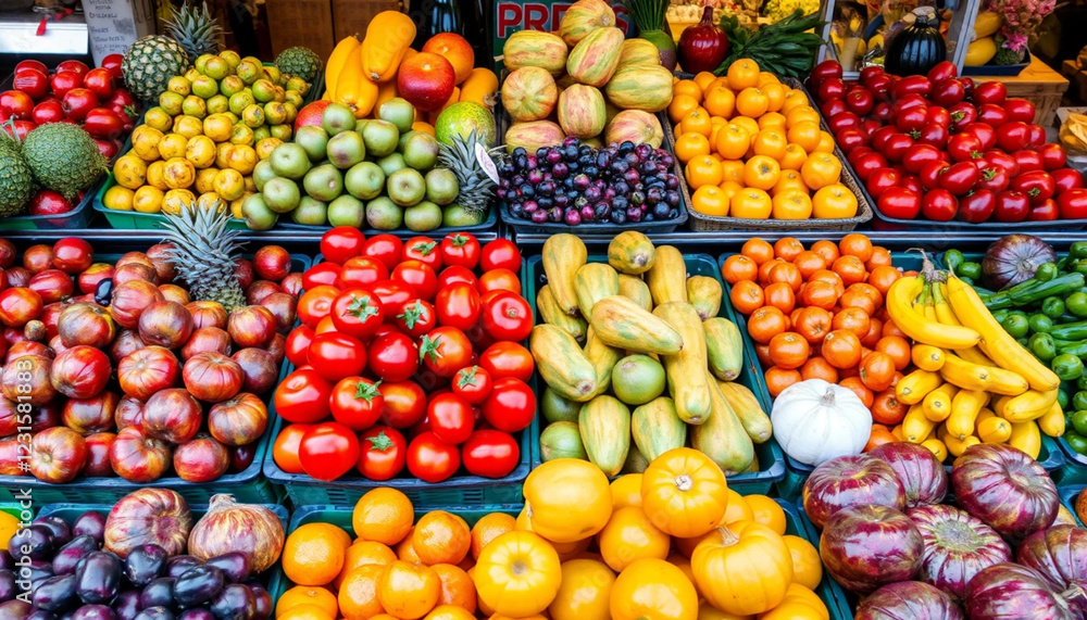 a vibrant fruit stand with fresh produce arranged in colorful patterns a vibrant fruit stand with fresh produce arranged in colorful patterns