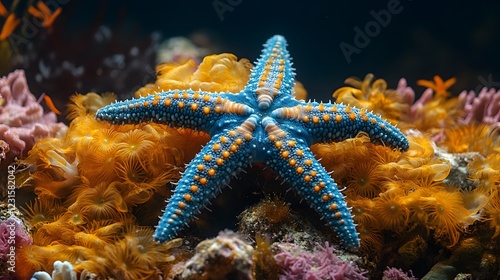 Vibrant starfish resting on colorful coral reef amidst diverse marine life in ocean photo