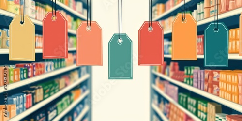 cost living groceries concept. Colorful price tags hanging in a grocery store aisle.