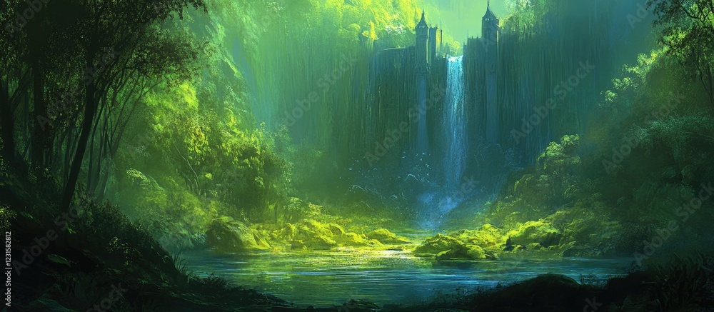 Fototapeta premium Majestic fantasy castle shrouded in vibrant green forest with cascading waterfall and serene blue pool, evoking a magical atmosphere of wonder.