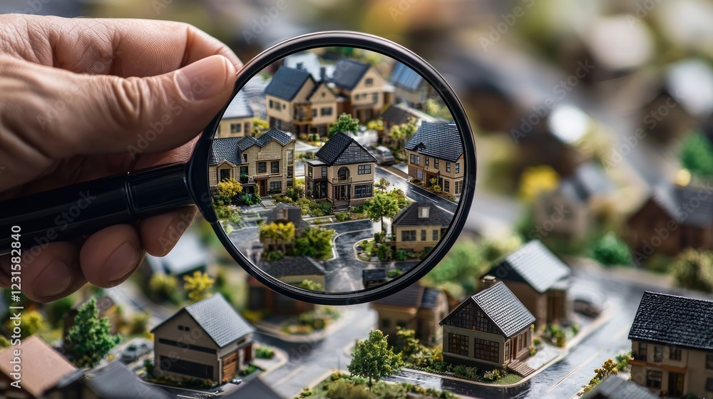 Hand holds lens over model homes on map. Potential real estate use Hand holds lens over model homes on map. Potential real estate use