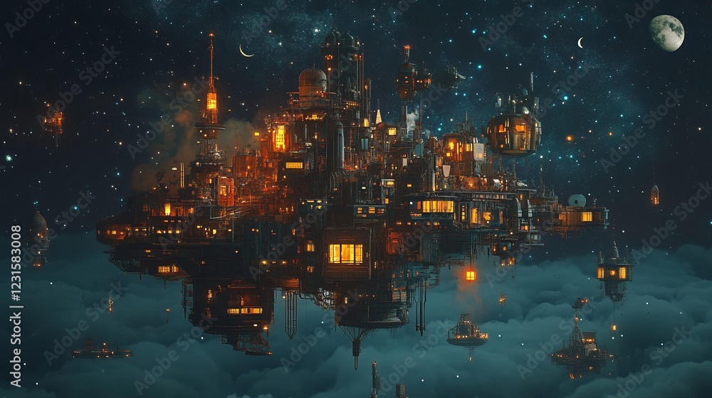 Obraz premium A stunning depiction of a futuristic city floating above clouds, glowing with lights under a starry night sky.