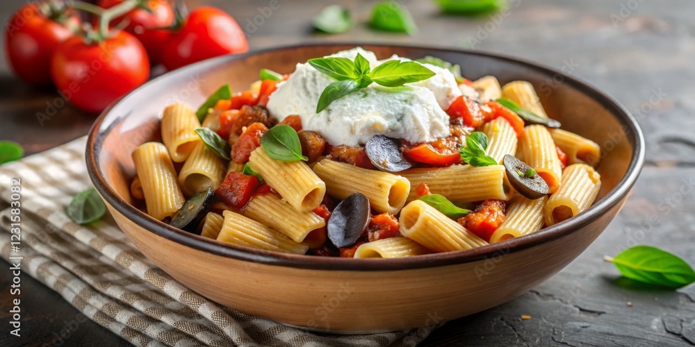 Fresh Pasta Dish with Basil, Tomatoes, and Ricotta in Bowl Fresh Pasta Dish with Basil, Tomatoes, and Ricotta in Bowl