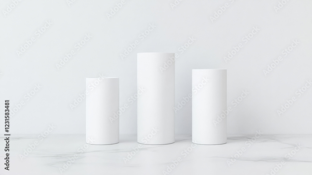 Three white cylindrical pedestals on a marble surface against a minimalist white background. Perfect for product displays or presentations. Three white cylindrical pedestals on a marble surface against a minimalist white background. Perfect for product displays or presentations.