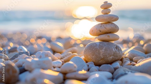 Fototapeta Naklejka Na Ścianę i Meble -  Balancing rocks on pebble beach during sunset