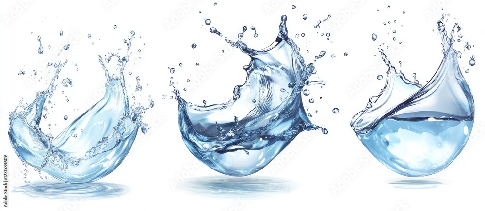 Liquid water splash collection featuring three distinct blue splashes on a white background highlighting purity and clarity in motion Liquid water splash collection featuring three distinct blue splashes on a white background highlighting purity and clarity in motion