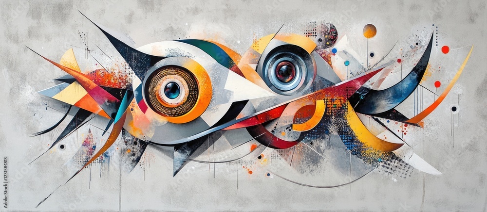 Vibrant abstract composition featuring intricate swirling polygons in orange, blue, and grey against a textured light grey background. Vibrant abstract composition featuring intricate swirling polygons in orange, blue, and grey against a textured light grey background.