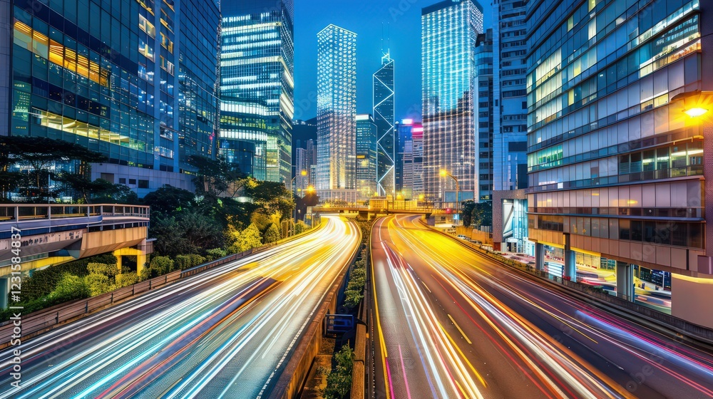 Light flow of traffic on a evening highway in a city with modern high buildings Light flow of traffic on a evening highway in a city with modern high buildings