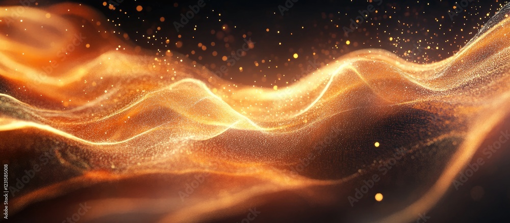 Obraz premium Abstract golden waves with sparkling particles and a dark background, creating a flowing motion effect. Warm tones dominate the composition.