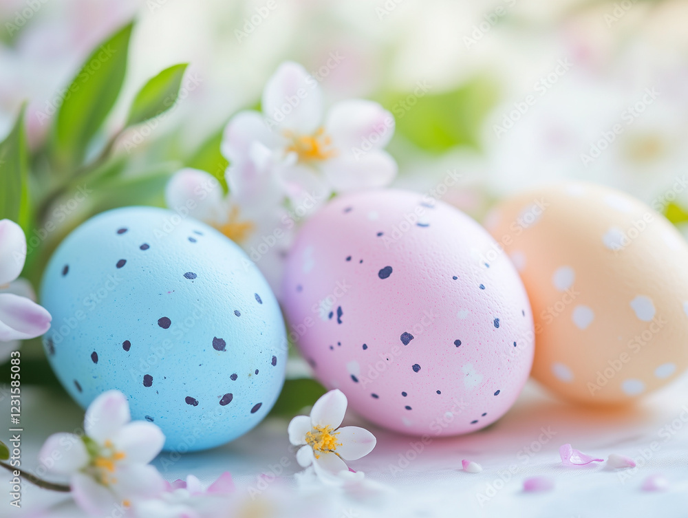 Fototapeta premium Easter eggs, delicate spring flowers in the background
