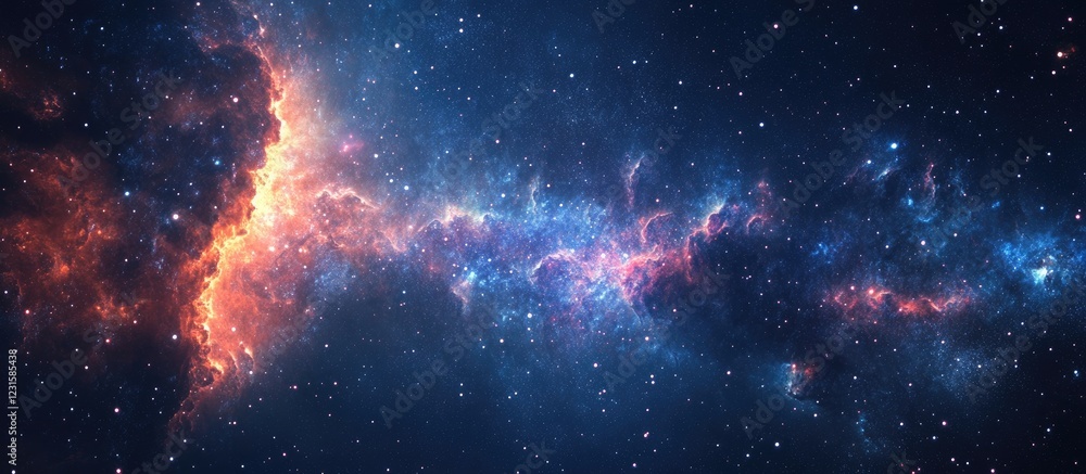 Naklejka premium Vibrant cosmic scene featuring a colorful nebula with swirling gas and stars in deep blue and orange hues illustrating the vastness of space