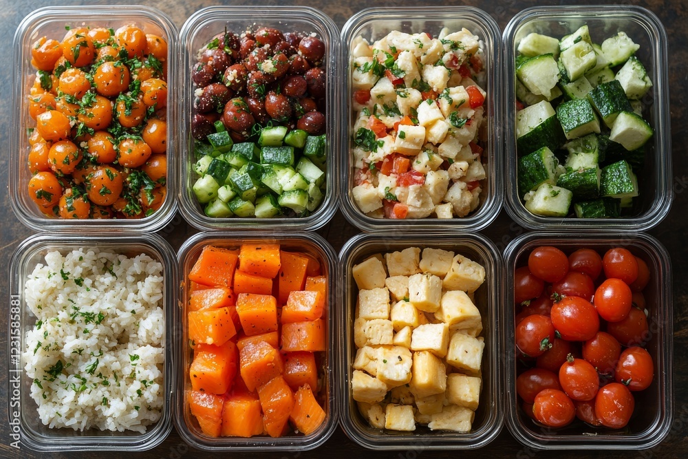 A neatly organized meal prep for the week with labeled containers. Generative AI A neatly organized meal prep for the week with labeled containers. Generative AI
