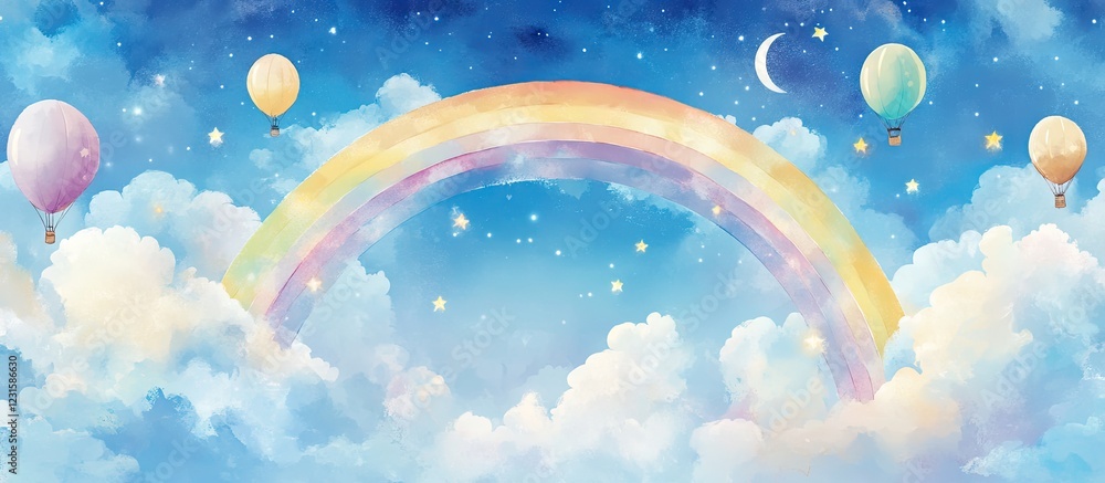 Whimsical watercolor sky showcasing a vibrant rainbow arching over fluffy cumulus clouds with pastel balloons moon and stars suitable for kids designs Whimsical watercolor sky showcasing a vibrant rainbow arching over fluffy cumulus clouds with pastel balloons moon and stars suitable for kids designs
