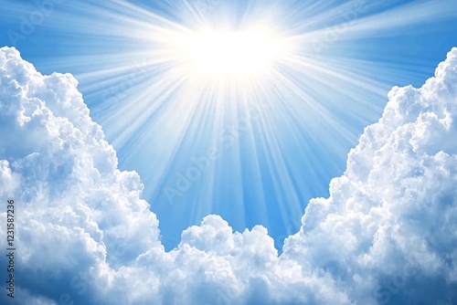 Bright sun rays through clouds, heavenly scene, hopeful background, ideal for spirituality