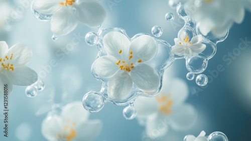 Close-up of delicate white flowers with bubbles on soft blue background