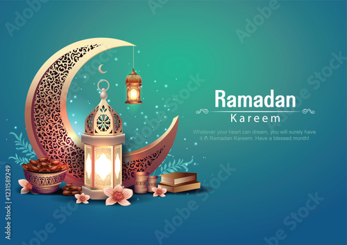 Ramadan Kareem art greetings with lantern and blue background. abstract vector illustration design.